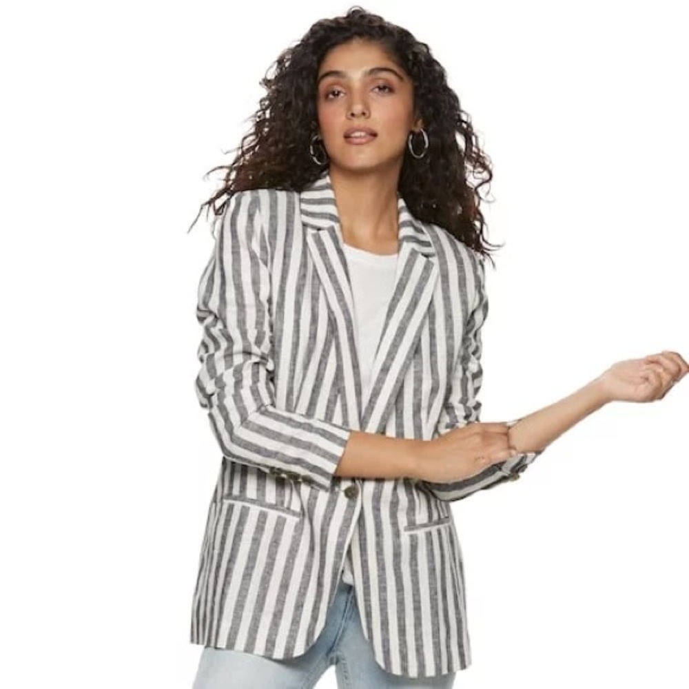 Striped Linen-Blend Blazer - Grey & White
